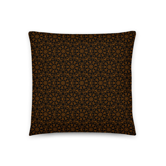 Back of the 18″×18″ throw pillow with the 'Enneagon' black & gold geometric pattern.