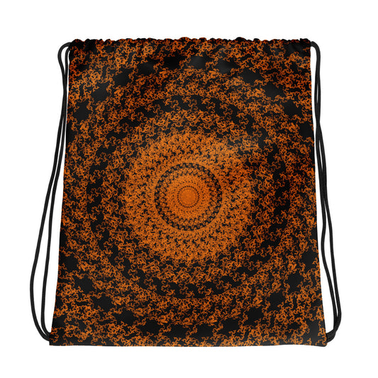 Back of the drawstring bag with the 'The Sun' black and orange fractal design.