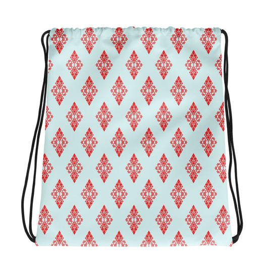 Back of the drawstring bag with the 'Digon' sky blue and red fractal geometric pattern.