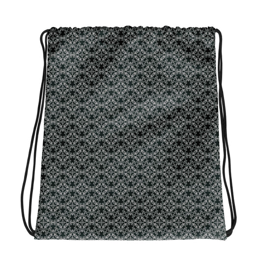 Back of the drawstring bag with the 'Quadragon' charcoal and white fractal geometric pattern.