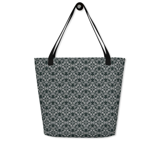 Hung large tote bag with the 'Quadragon' charcoal and white fractal geometric pattern.