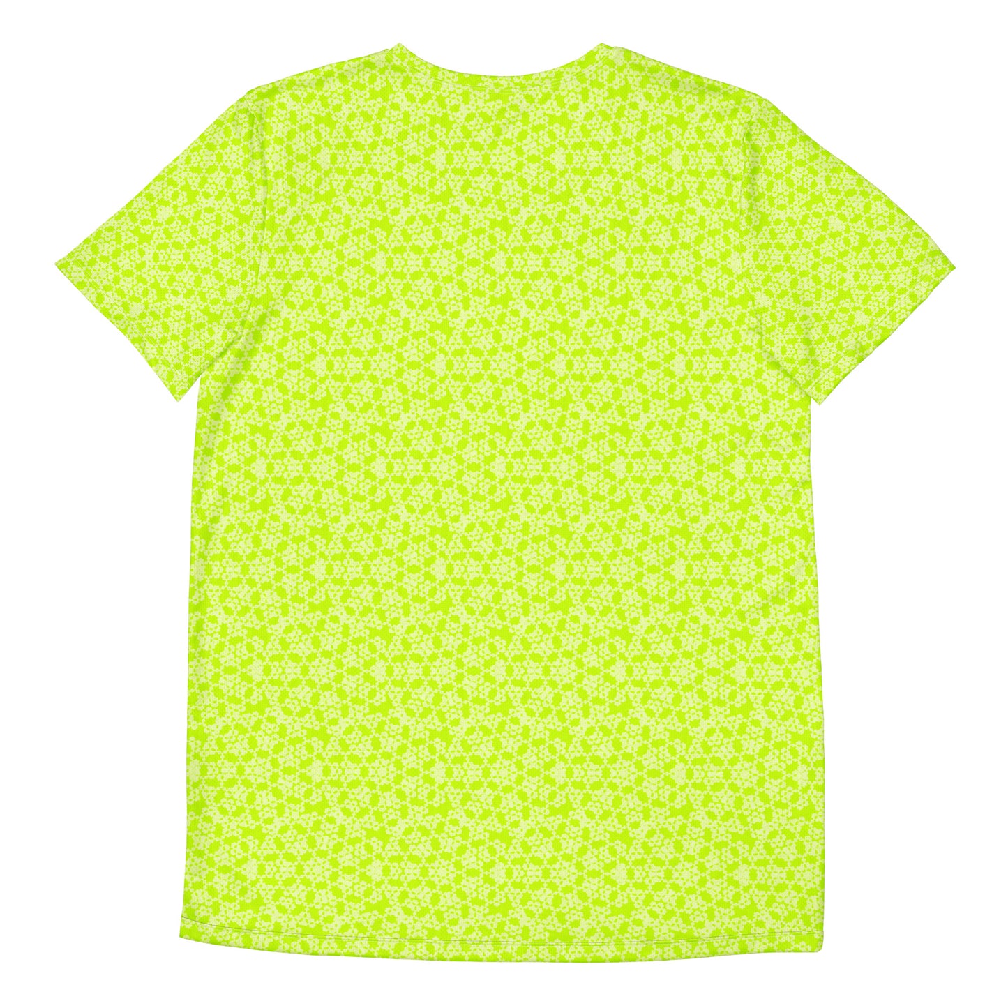 Back of the men's athletic t-shirt with the 'Heptagon' yellow-green fractal geometric pattern.