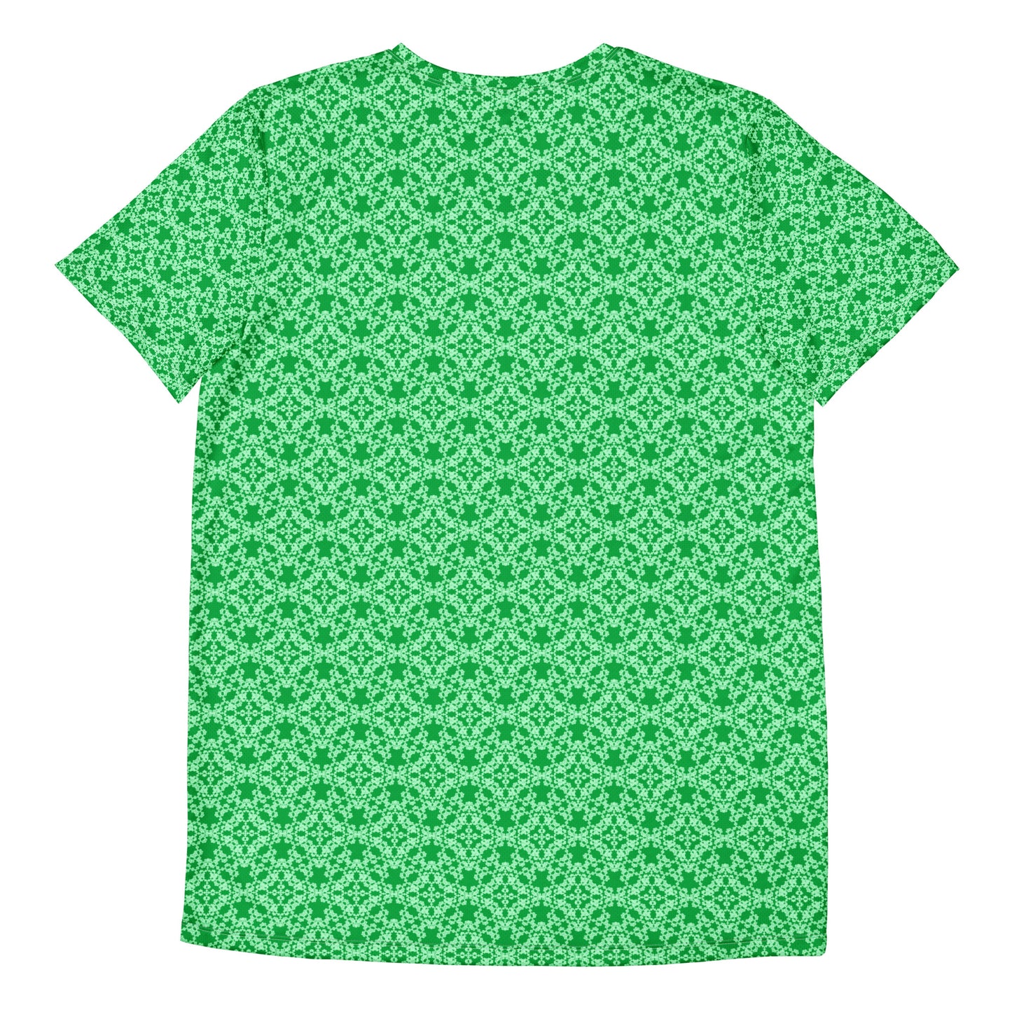 Back of the men's athletic t-shirt with the 'Tetragon' green fractal geometric pattern.