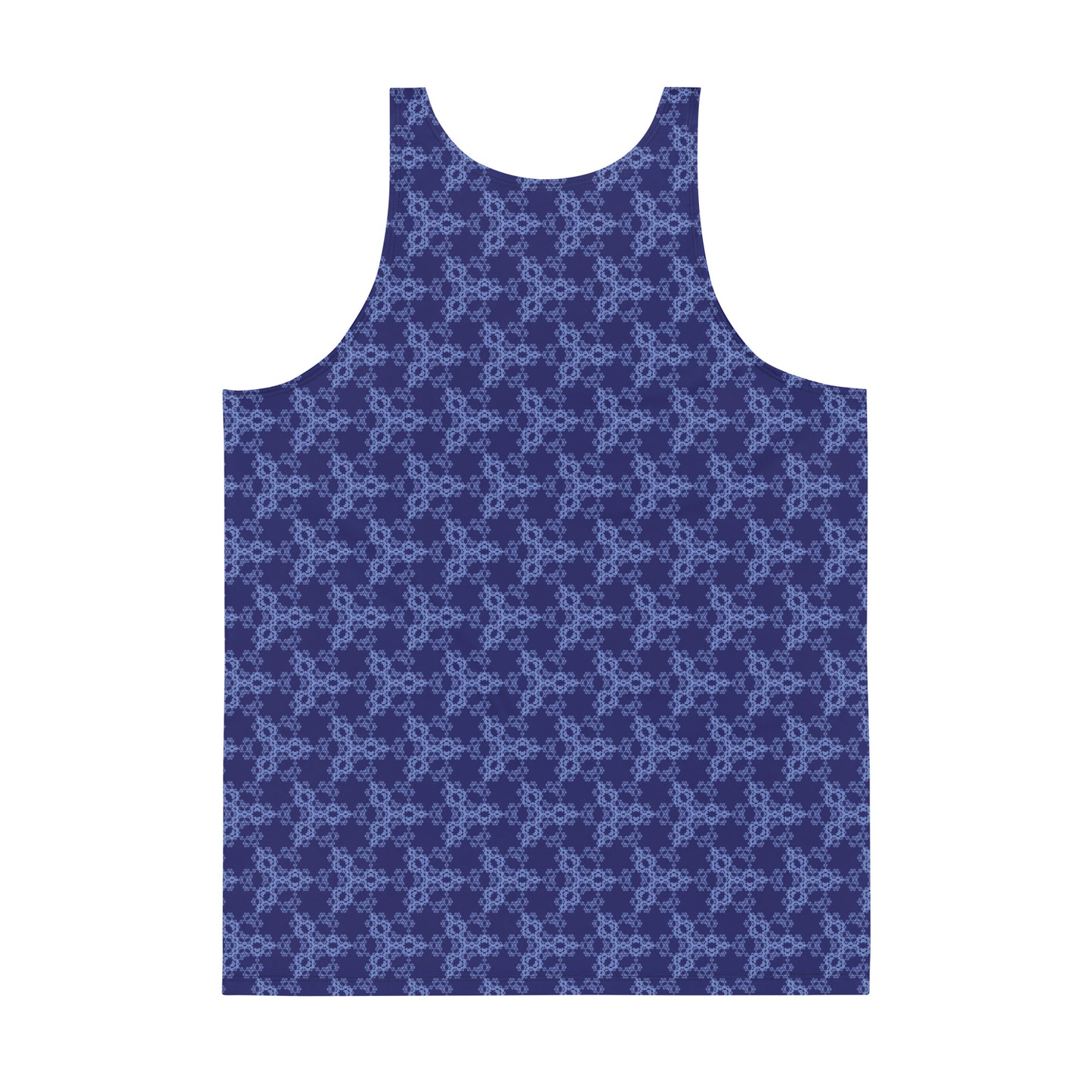 Back of the men's tank top with the 'Triagon' navy and blue fractal geometric pattern.