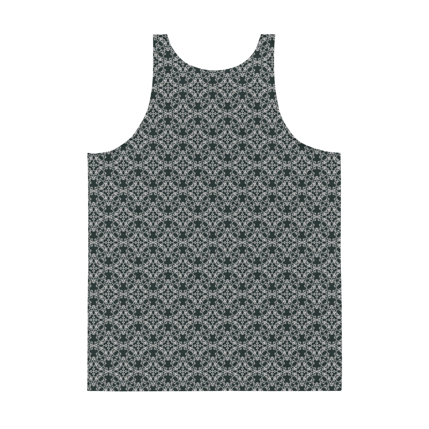 Back of the men's tank top with the 'Quadragon' charcoal and white fractal geometric pattern.