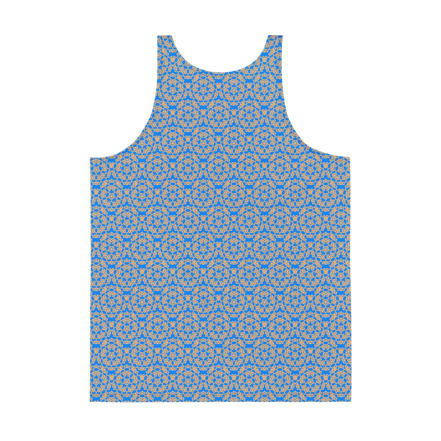 Back of the men's tank top with the 'Pentagon' blue and yellow fractal geometric pattern.