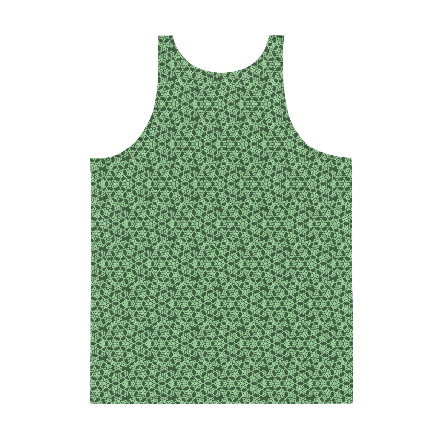 Back of the men's tank top with the 'Heptagon' green fractal geometric pattern.