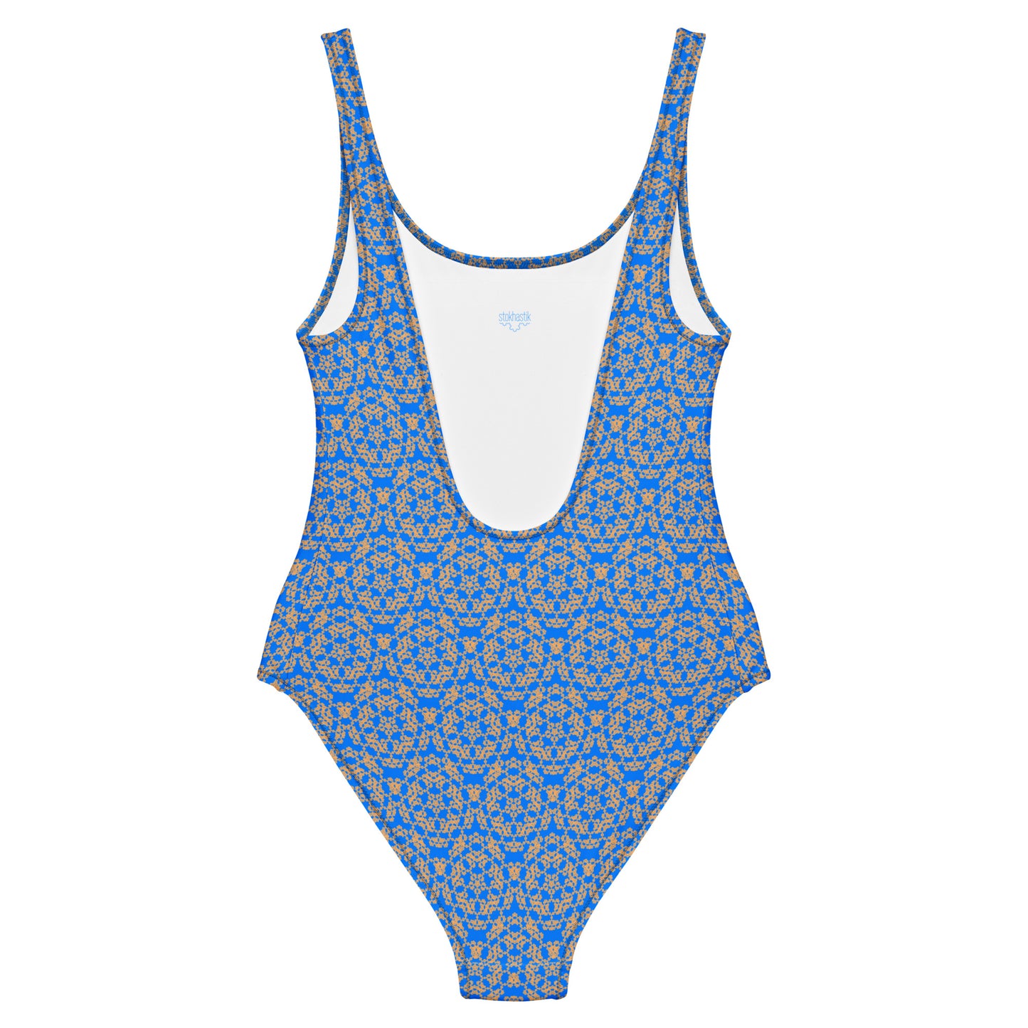 Back of the one-piece swimsuit with the 'Pentagon' blue and yellow fractal geometric pattern.