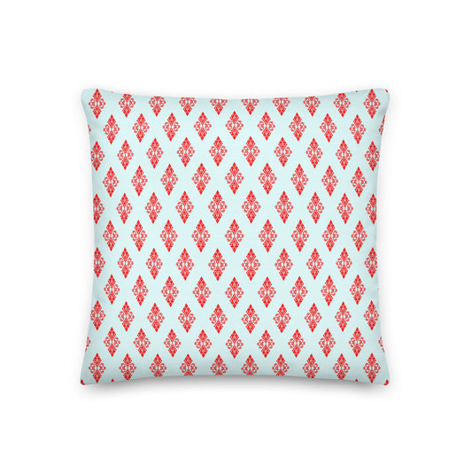 Back of the 18″×18″ premium throw pillow with the 'Digon' sky blue and red geometric pattern.