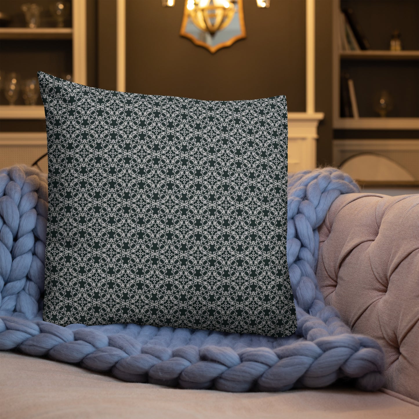 22″×22″ premium throw pillow with the 'Tetragon' charcoal and white geometric pattern shown in a lifestyle setting.