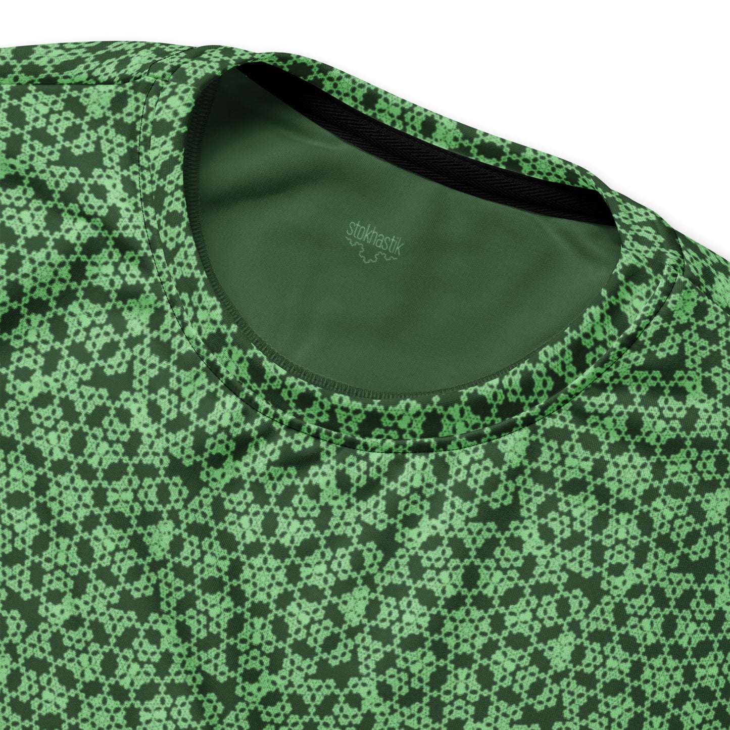 Inside label of the unisex sweatshirt with the 'Heptagon' green fractal geometric pattern.