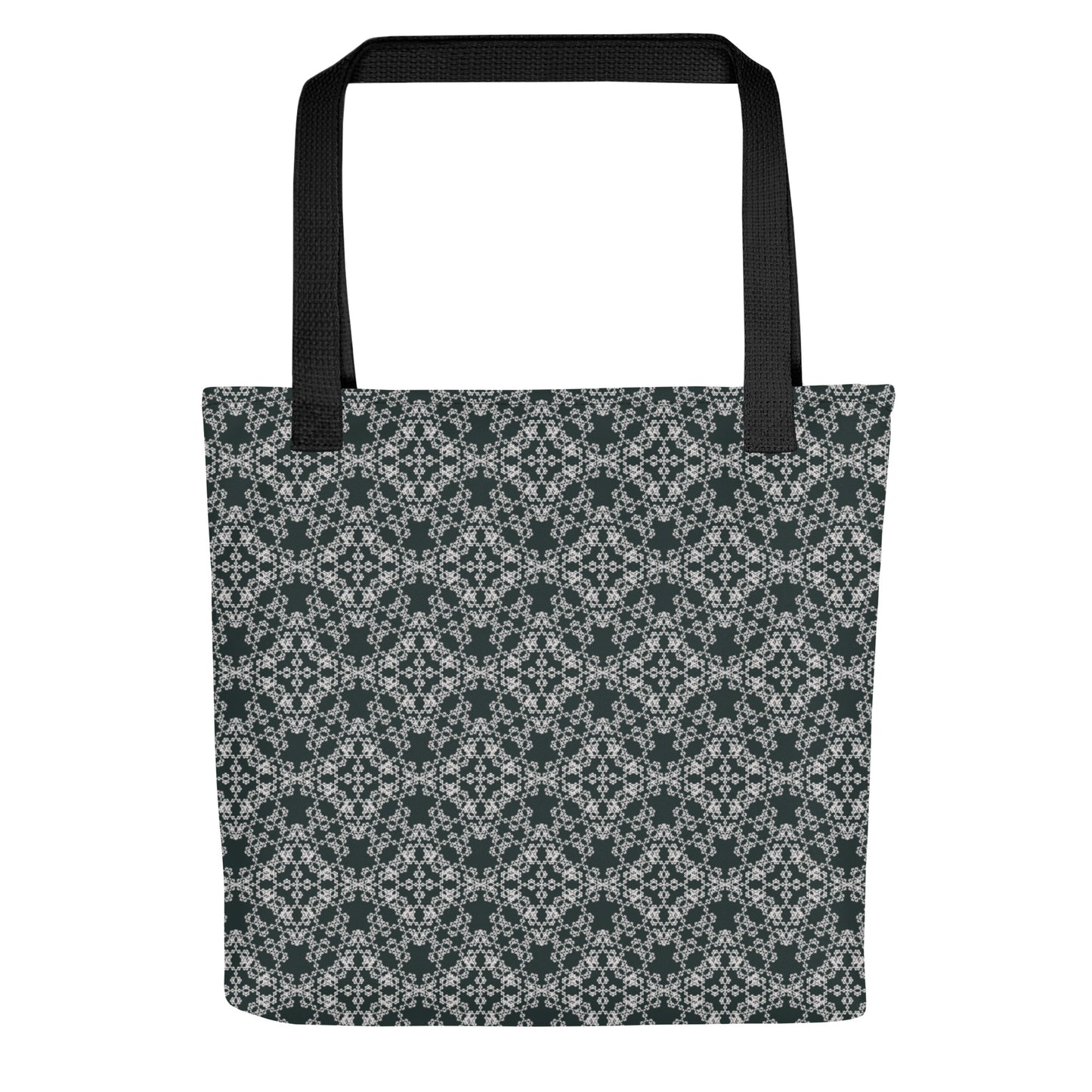Flat shot of the tote bag with the 'Quadragon' charcoal and white fractal geometric pattern.