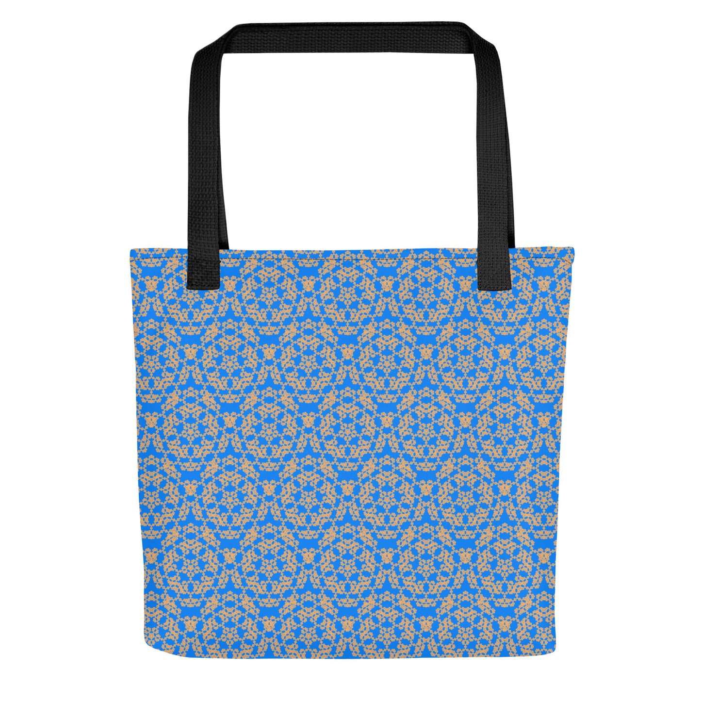 Flat shot of the tote bag with the 'Pentagon' blue and yellow fractal geometric pattern.