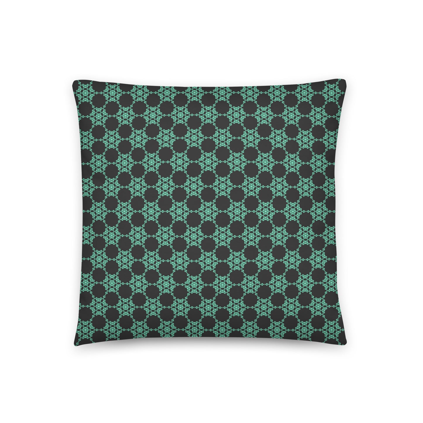 Back of the 18″×18″ throw pillow with the 'Flowers Victory' charcoal and mint geometric pattern.
