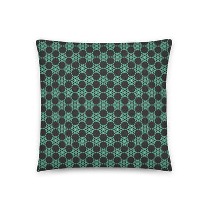 Back of the 18″×18″ throw pillow with the 'Flowers Victory' charcoal and mint geometric pattern.