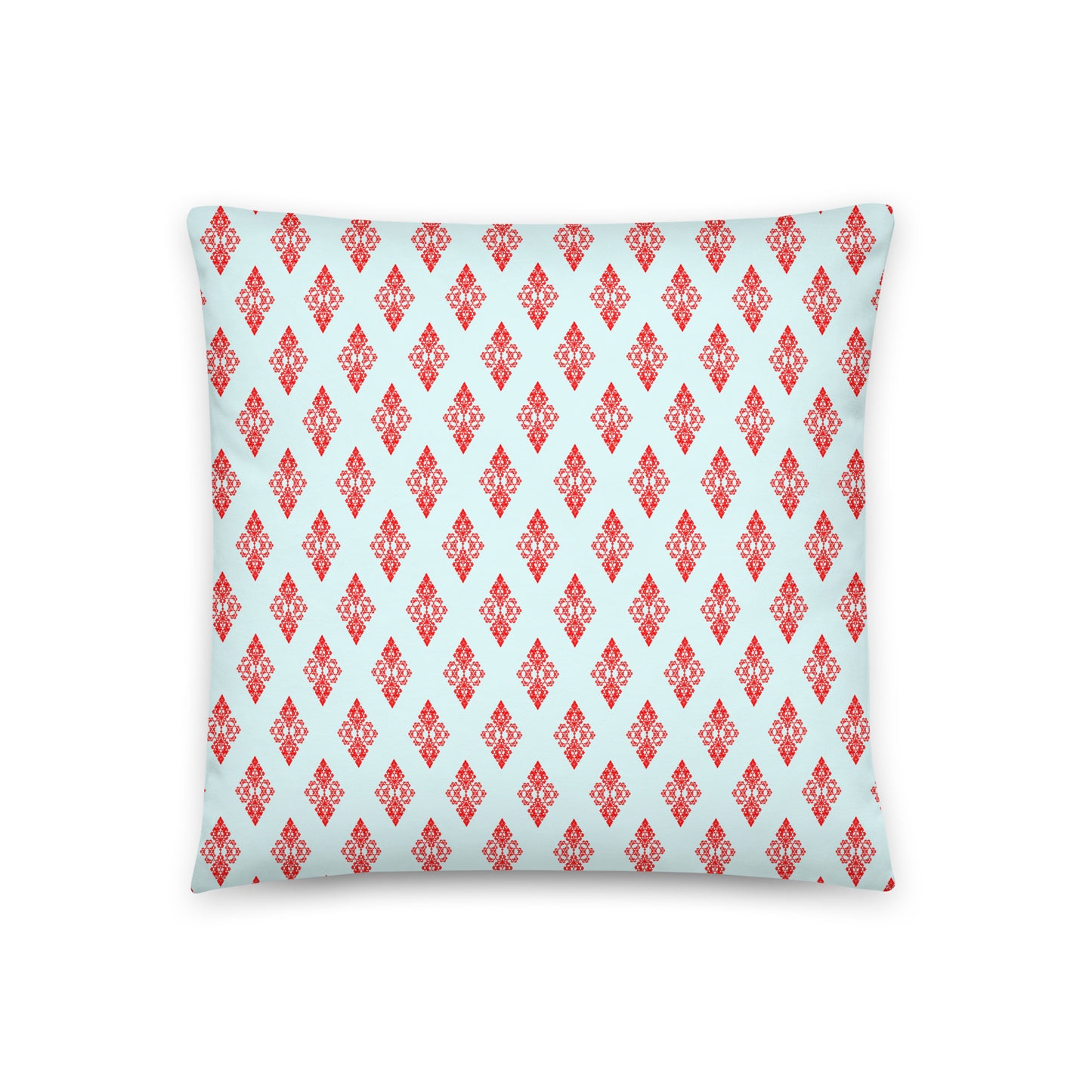 Back of the 18″×18″ throw pillow with the 'Digon' sky blue and red geometric pattern.