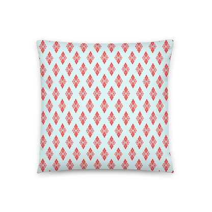 Back of the 18″×18″ throw pillow with the 'Digon' sky blue and red geometric pattern.