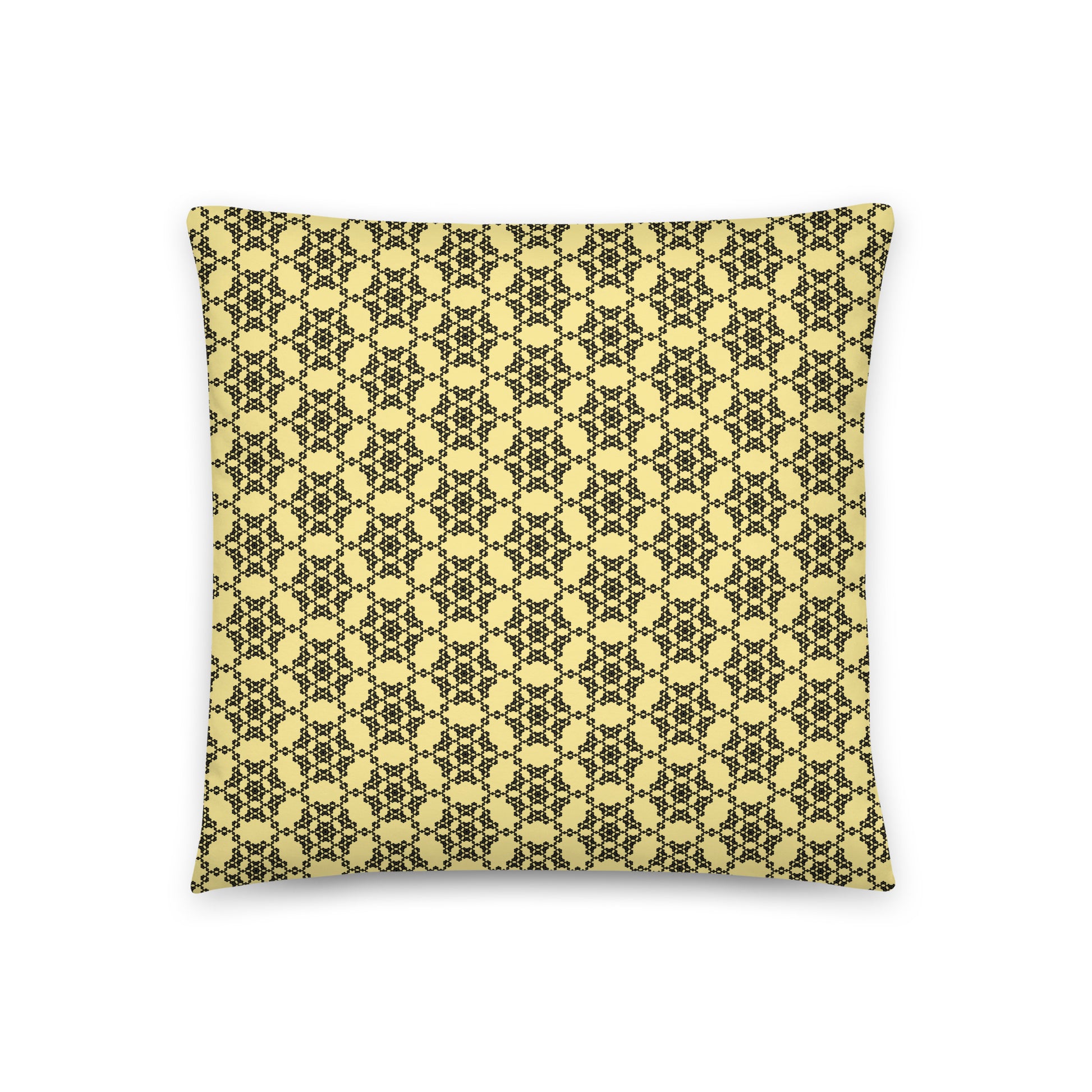 Back of the 18″×18″ throw pillow with the 'Hexagon' yellow and black geometric pattern.
