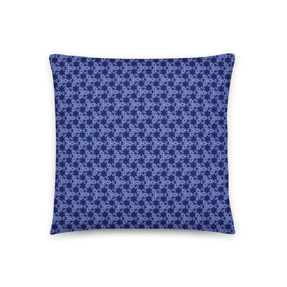 Back of the 18″×18″ throw pillow with the 'Trigon' navy and blue geometric pattern.