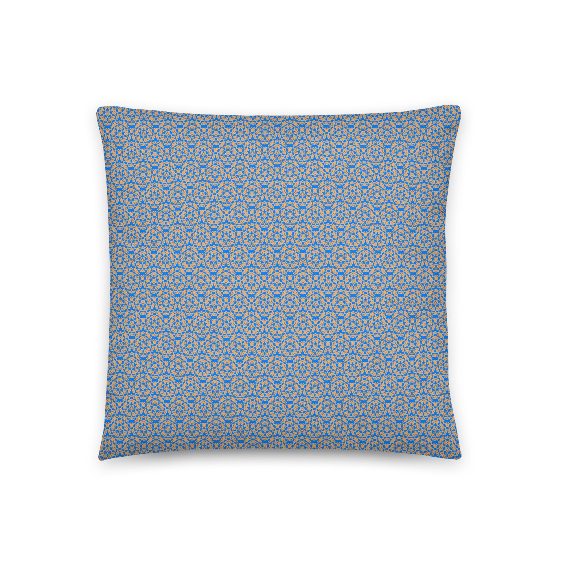 Back of the 18″×18″ throw pillow with the 'Pentagon' blue and yellow geometric pattern.