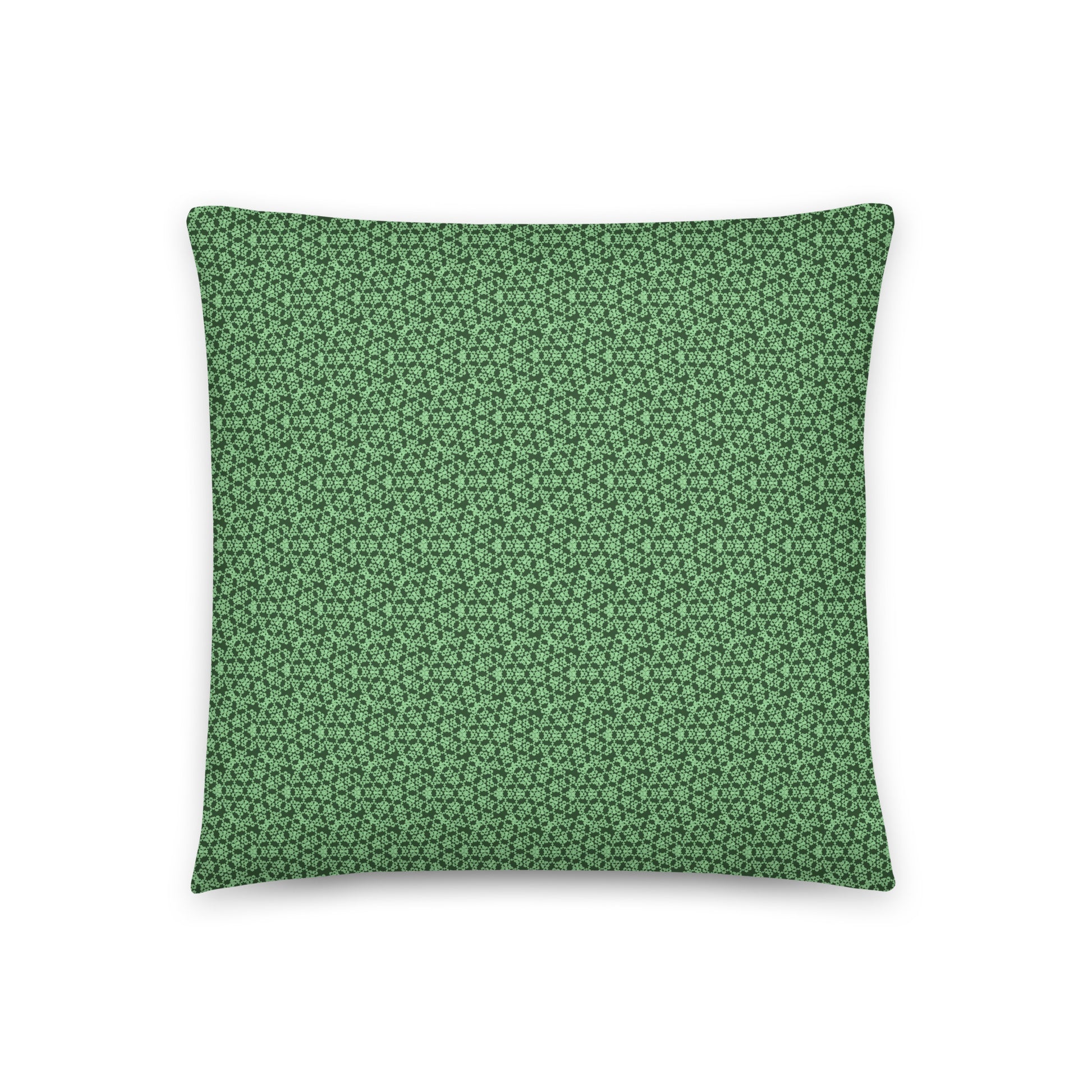 Back of the 18″×18″ throw pillow with the 'Heptagon' green geometric pattern.