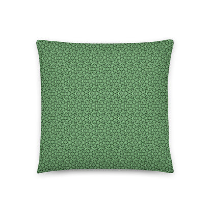 Back of the 18″×18″ throw pillow with the 'Heptagon' green geometric pattern.