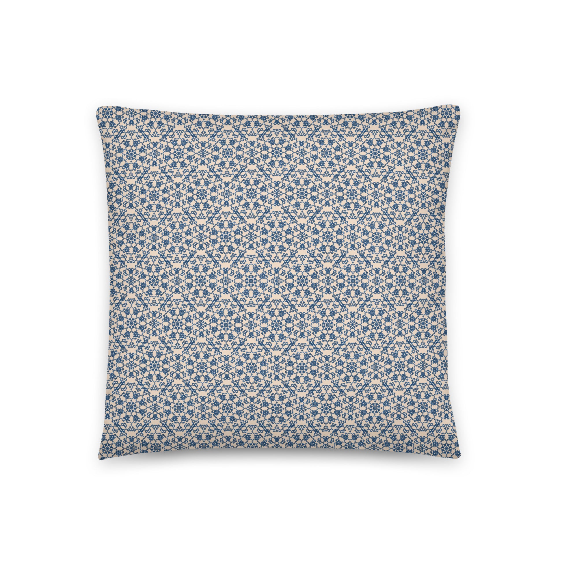 Back of the 18″×18″ throw pillow with the 'Octagon' navy and beige geometric pattern.