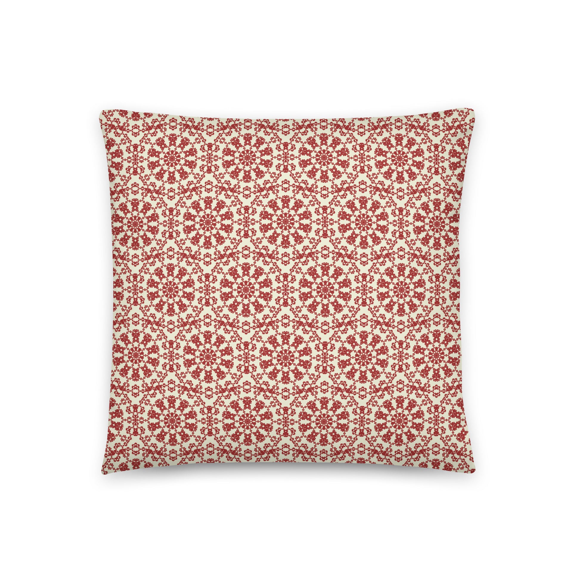 Back of the 18″×18″ throw pillow with the ‘Decagon’ terracotta and beige geometric pattern.