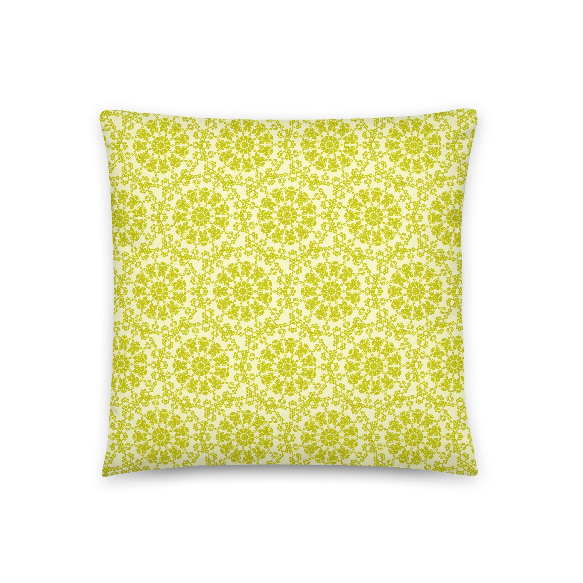 Back of the 18″×18″ throw pillow with the 'Hendecagon' yellow-green geometric pattern