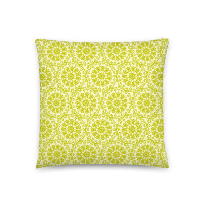 Back of the 18″×18″ throw pillow with the 'Hendecagon' yellow-green geometric pattern