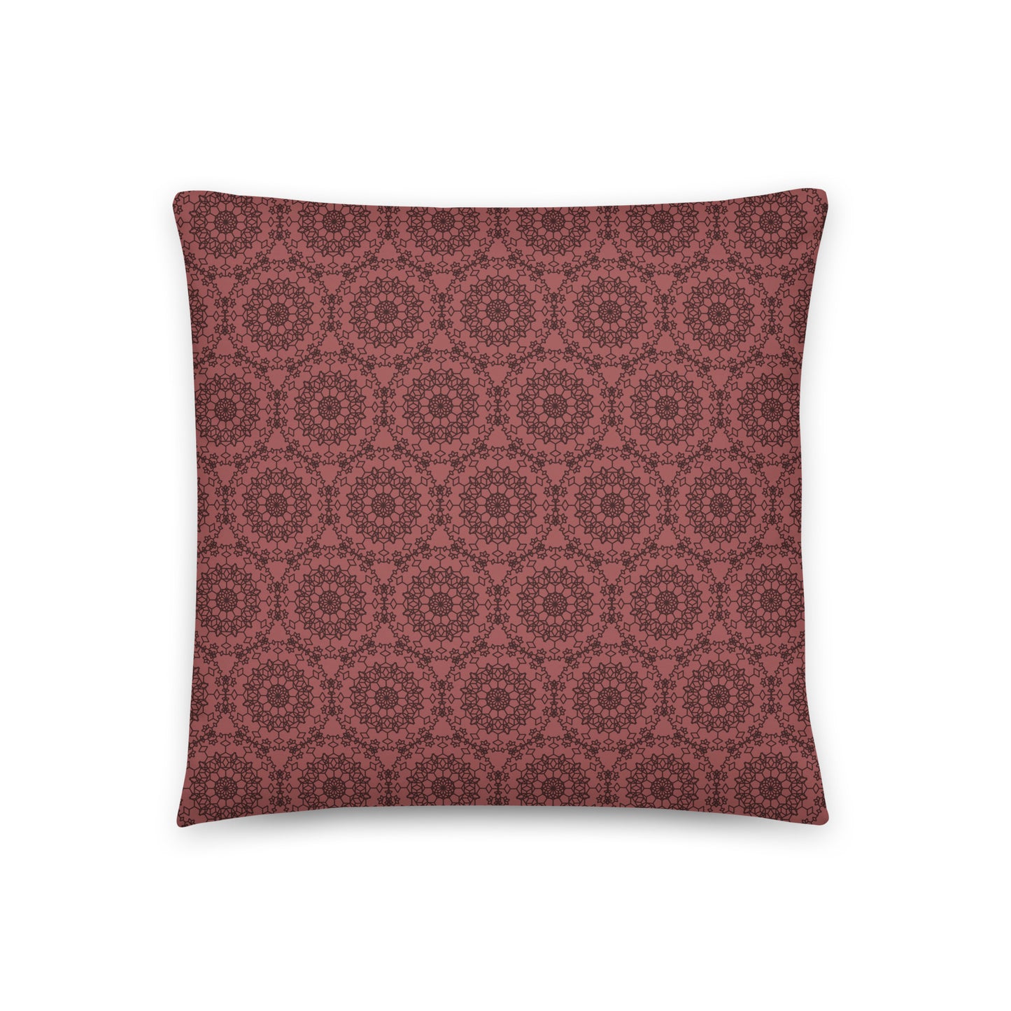 Back of the 18″×18″ throw pillow with the 'Dodecagon' rose geometric pattern.