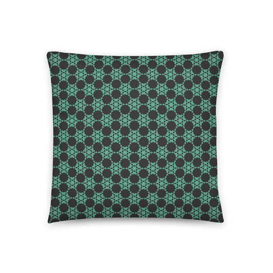 Front of the 18″×18″ throw pillow with the 'Flowers Victory' charcoal and mint geometric pattern.