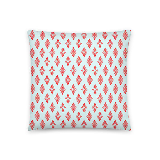 Front of the 18″×18″ throw pillow with the 'Digon' sky blue and red geometric pattern.