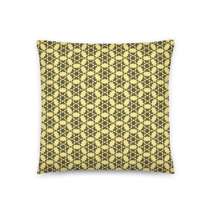Front of the 18″×18″ throw pillow with the 'Hexagon' yellow and black geometric pattern.