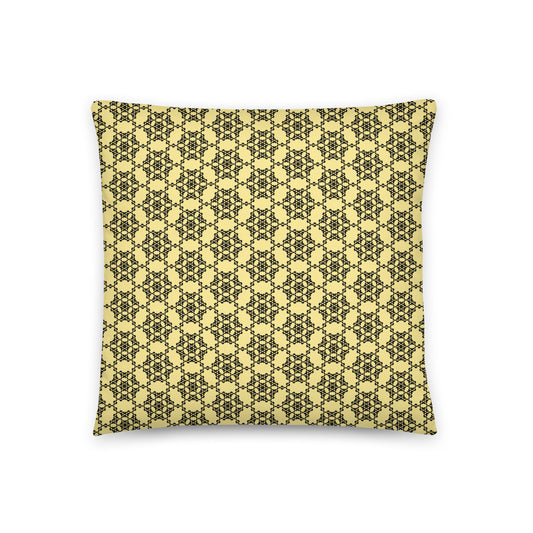 Front of the 18″×18″ throw pillow with the 'Hexagon' yellow and black geometric pattern.