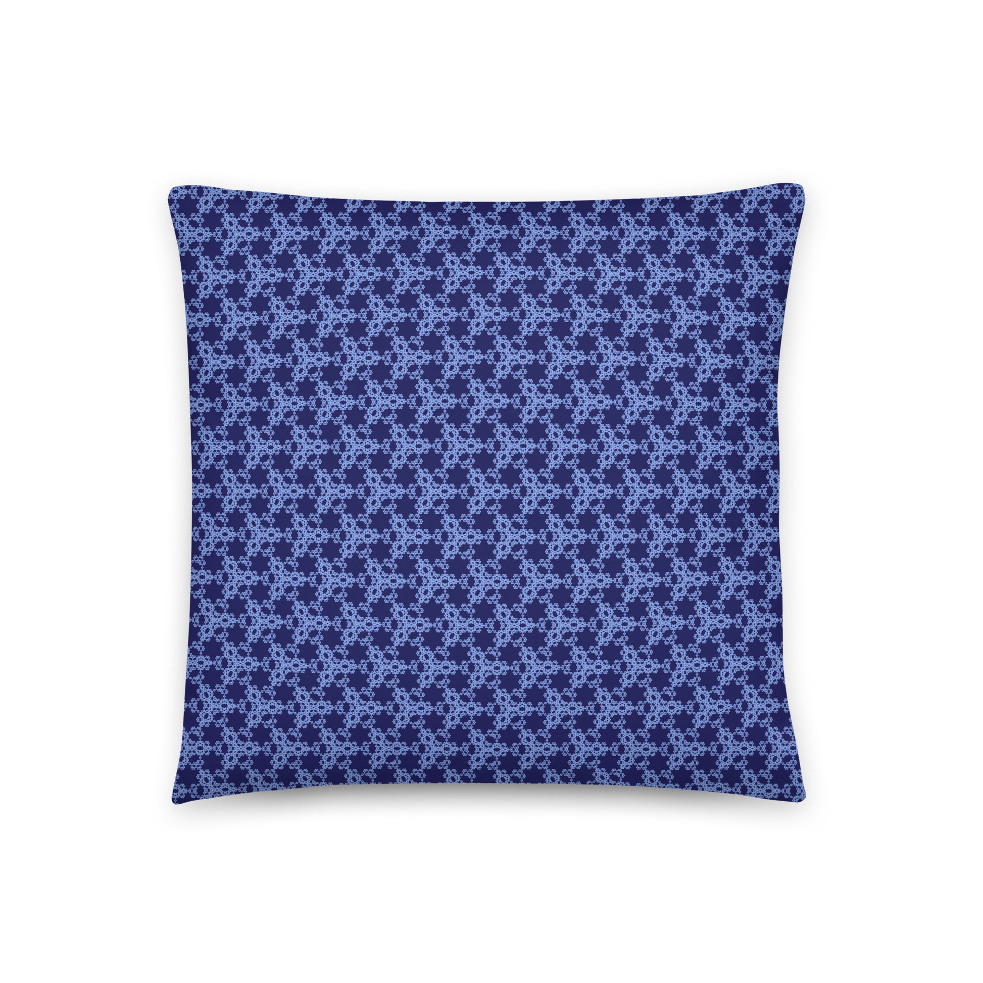Front of the 18″×18″ throw pillow with the 'Trigon' navy and blue geometric pattern.