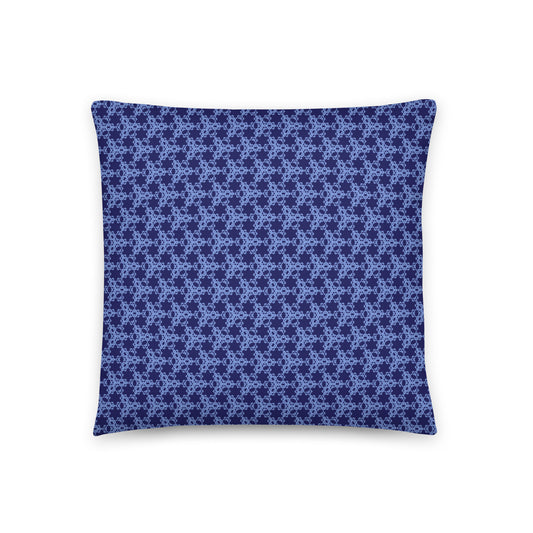 Front of the 18″×18″ throw pillow with the 'Trigon' navy and blue geometric pattern.
