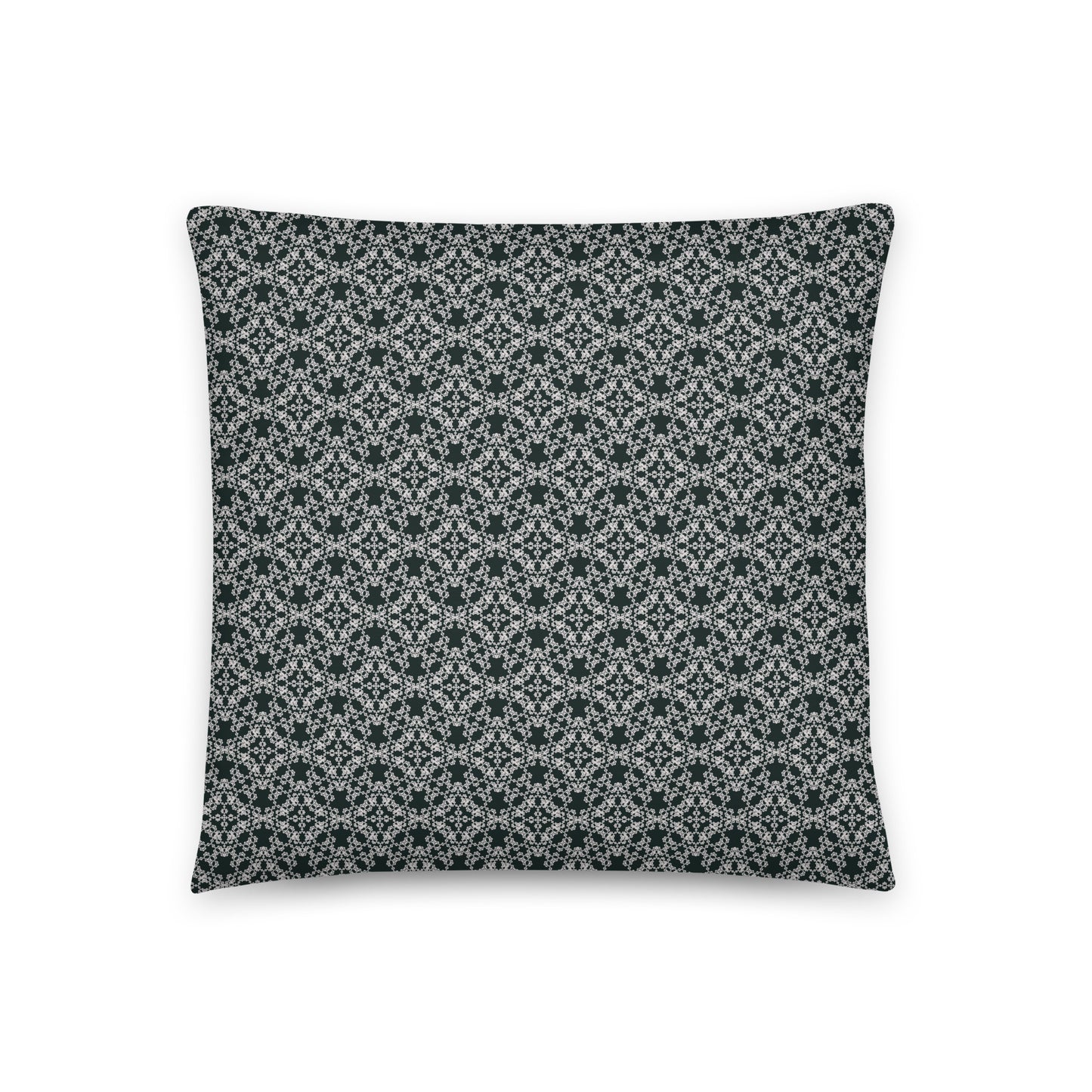 Front of the 18″×18″ throw pillow with the 'Tetragon' charcoal and white geometric pattern.