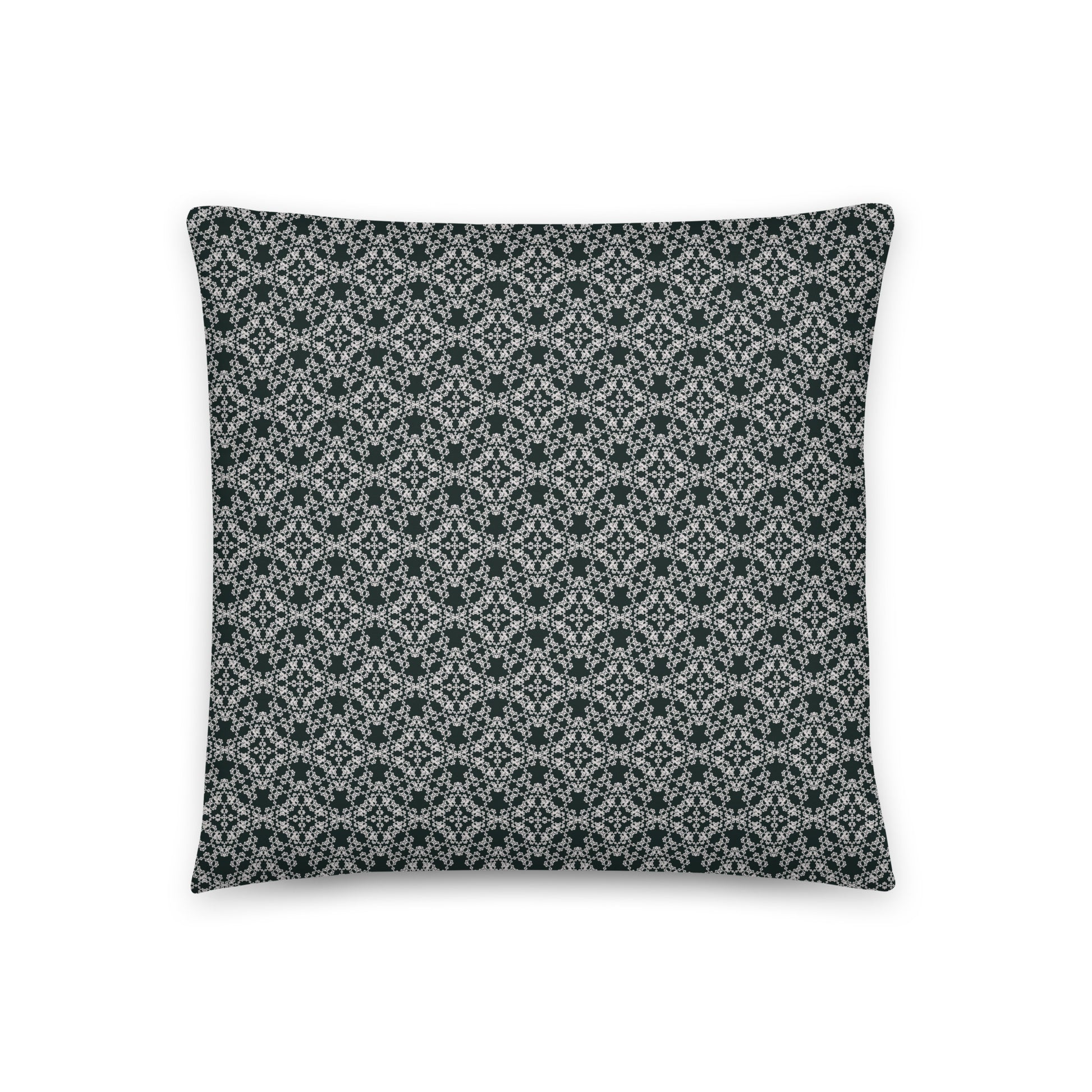 Front of the 18″×18″ throw pillow with the 'Tetragon' charcoal and white geometric pattern.