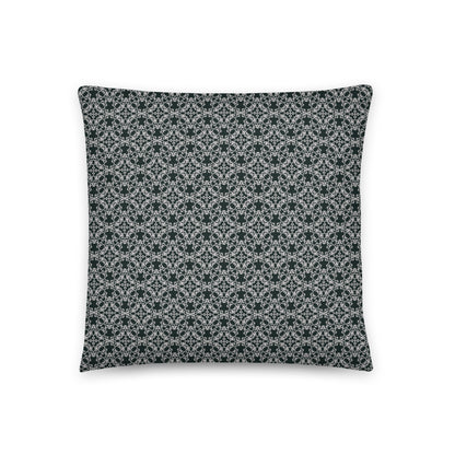 Front of the 18″×18″ throw pillow with the 'Tetragon' charcoal and white geometric pattern.