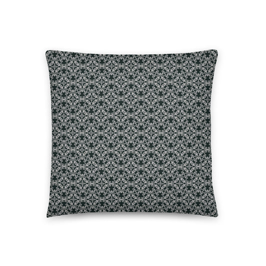 Front of the 18″×18″ throw pillow with the 'Tetragon' charcoal and white geometric pattern.