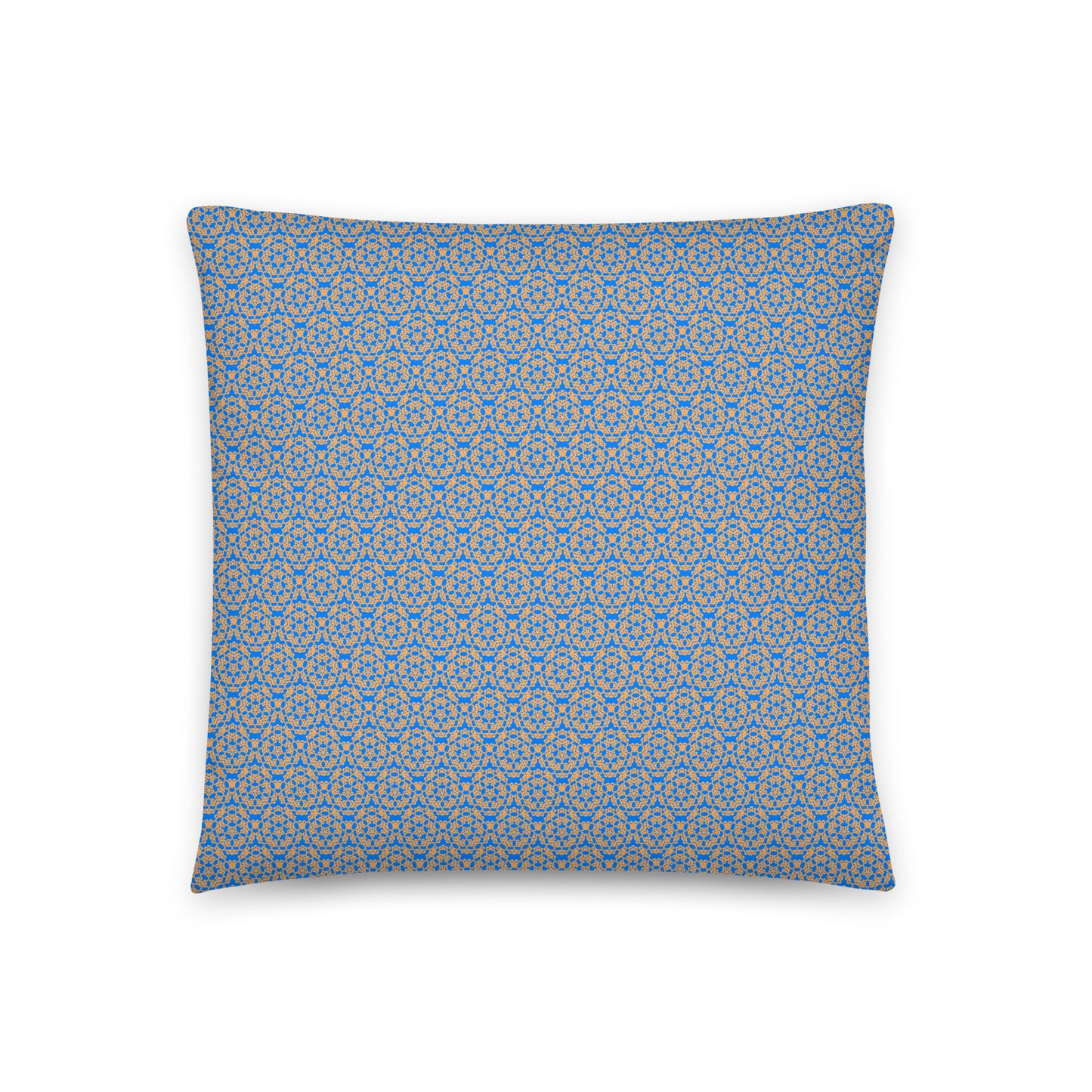 Front of the 18″×18″ throw pillow with the 'Pentagon' blue and yellow geometric pattern.
