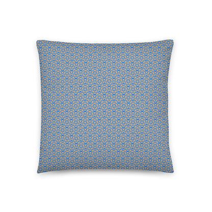 Front of the 18″×18″ throw pillow with the 'Pentagon' blue and yellow geometric pattern.