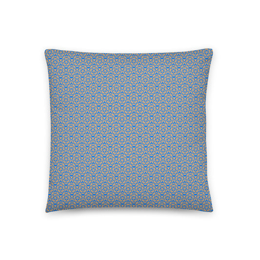 Front of the 18″×18″ throw pillow with the 'Pentagon' blue and yellow geometric pattern.