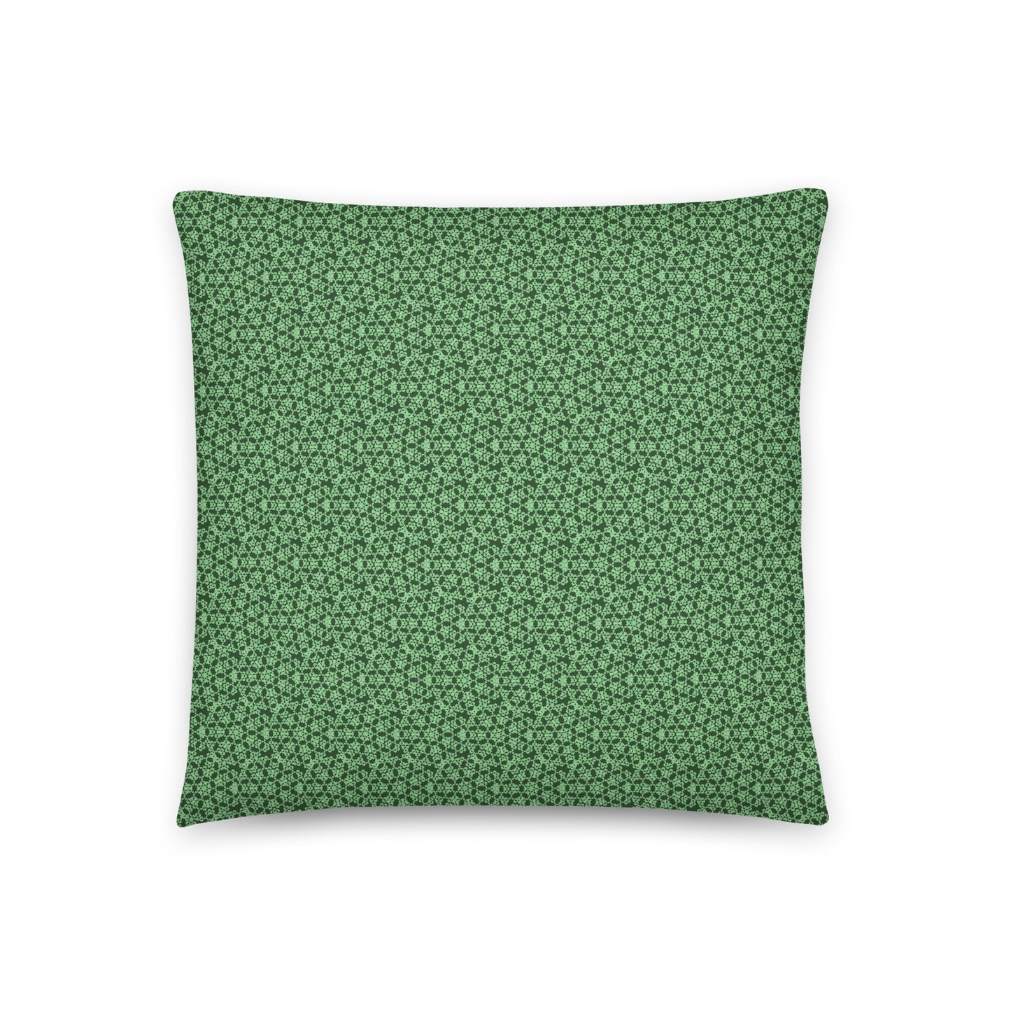 Front of the 18″×18″ throw pillow with the 'Heptagon' green geometric pattern.
