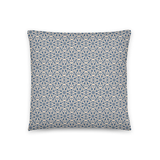 Front of the 18″×18″ throw pillow with the 'Octagon' navy and beige geometric pattern.