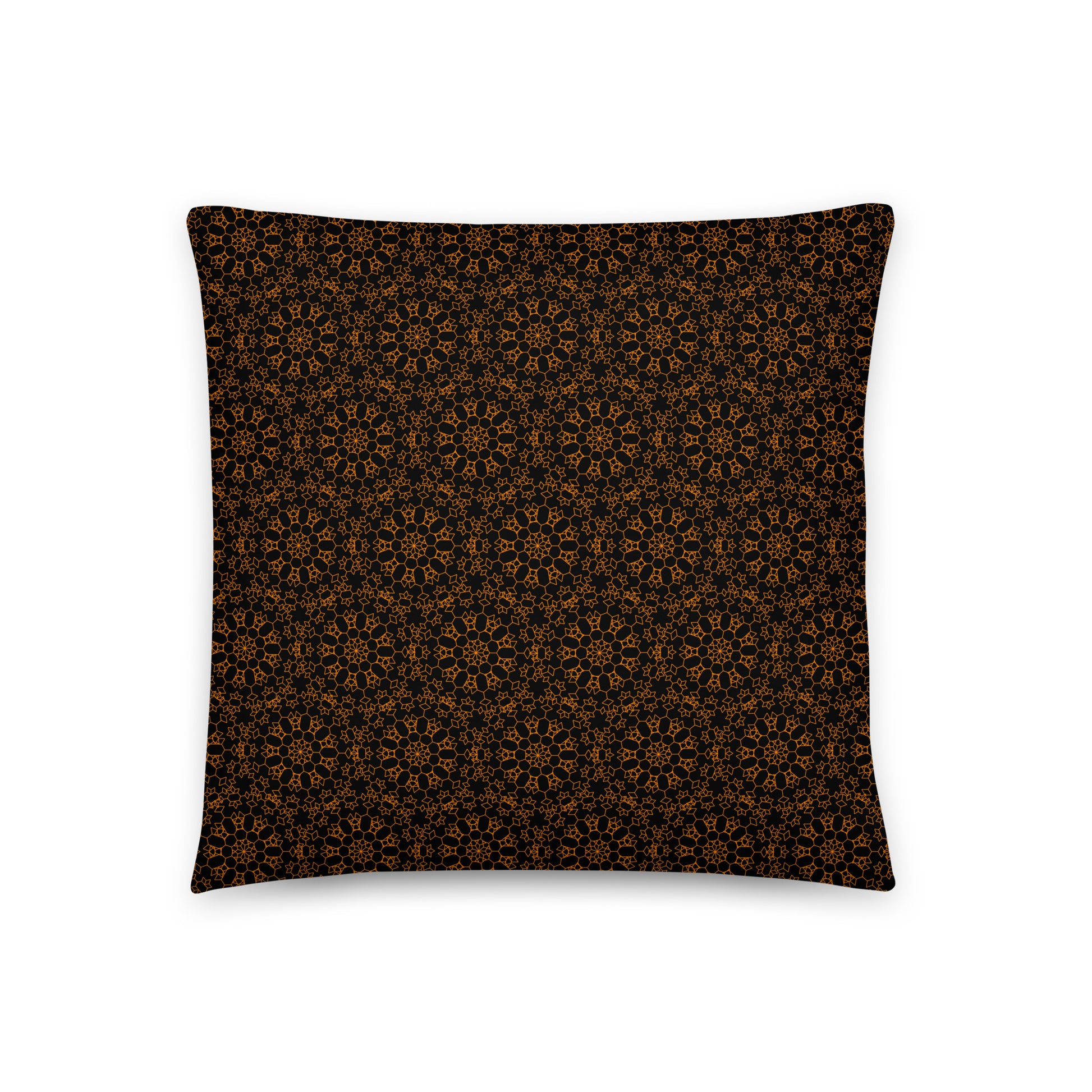 Front of the 18″×18″ throw pillow with the 'Enneagon' black & gold geometric pattern.