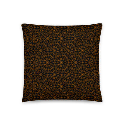 Front of the 18″×18″ throw pillow with the 'Enneagon' black & gold geometric pattern.