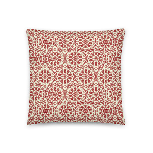 Front of the 18″×18″ throw pillow with the ‘Decagon’ terracotta and beige geometric pattern.