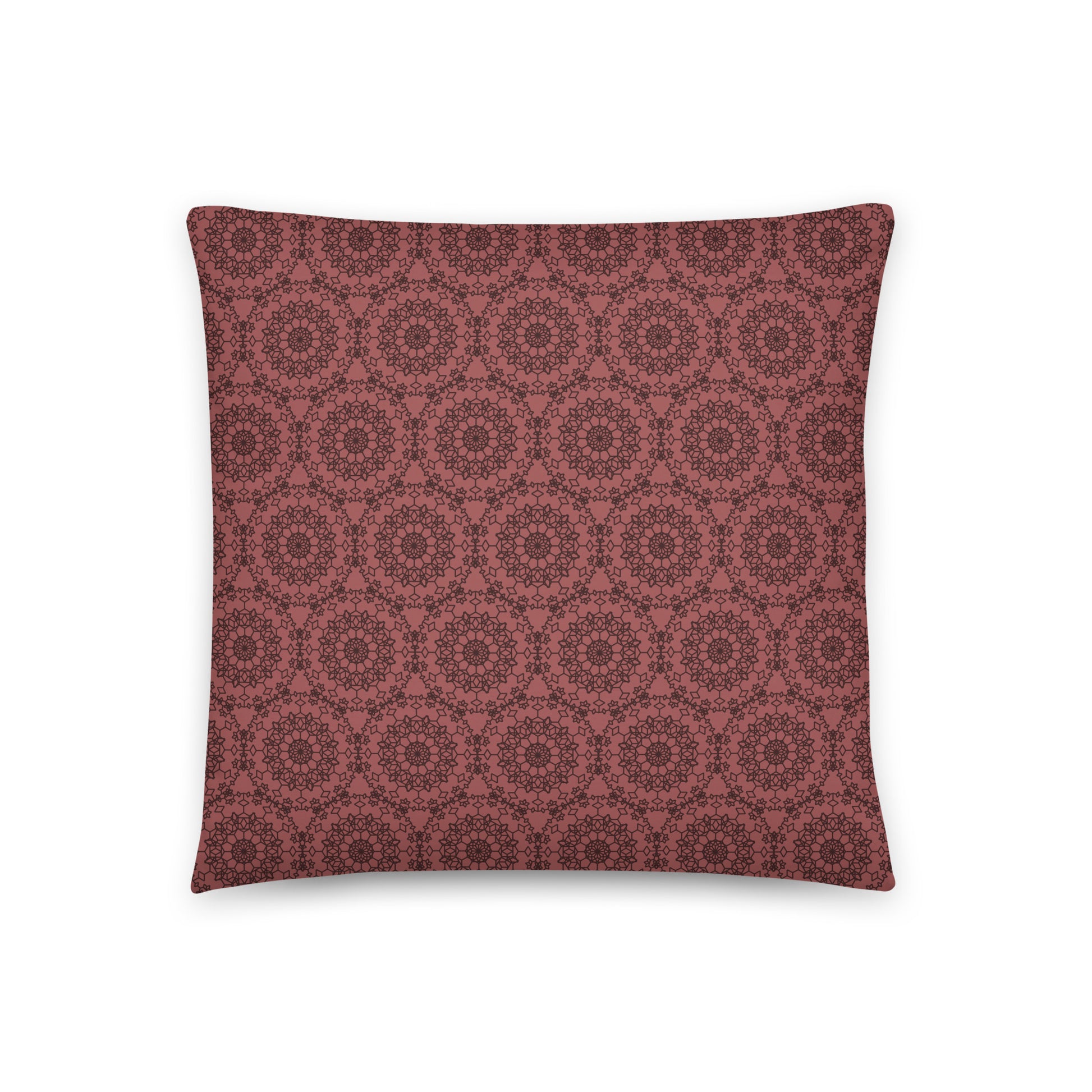 Front of the 18″×18″ throw pillow with the 'Dodecagon' rose geometric pattern.